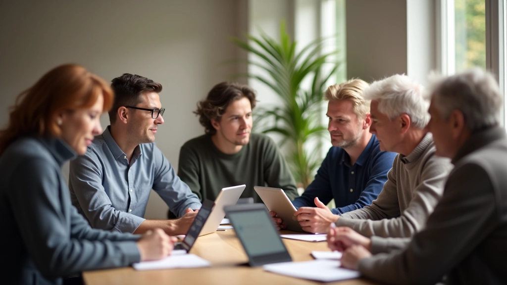 Group of adults having a discussion around a table with devices