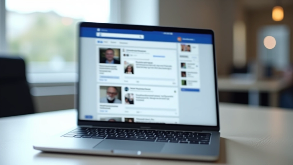 Laptop screen showing Facebook news feed with various posts, photos, and engagement options displayed in chronological order with clean layout