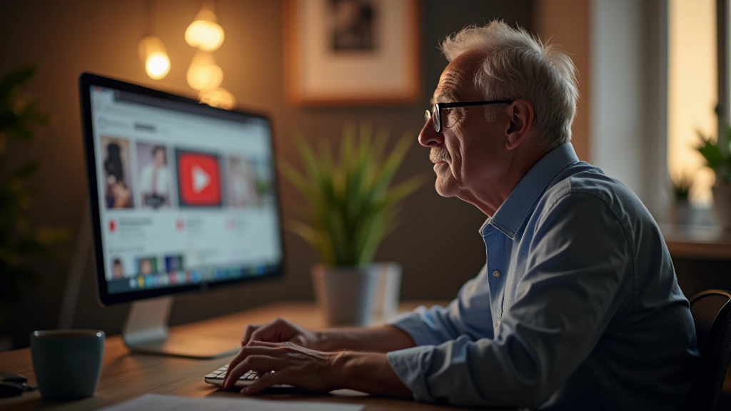 Man with gray hair wearing glasses, watching YouTube on large desktop monitor in home office setting