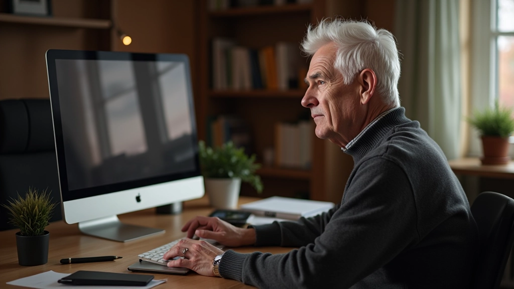 Man with gray hair wearing glasses watching YouTube on large desktop monitor in modern home office setting with bookshelves visible