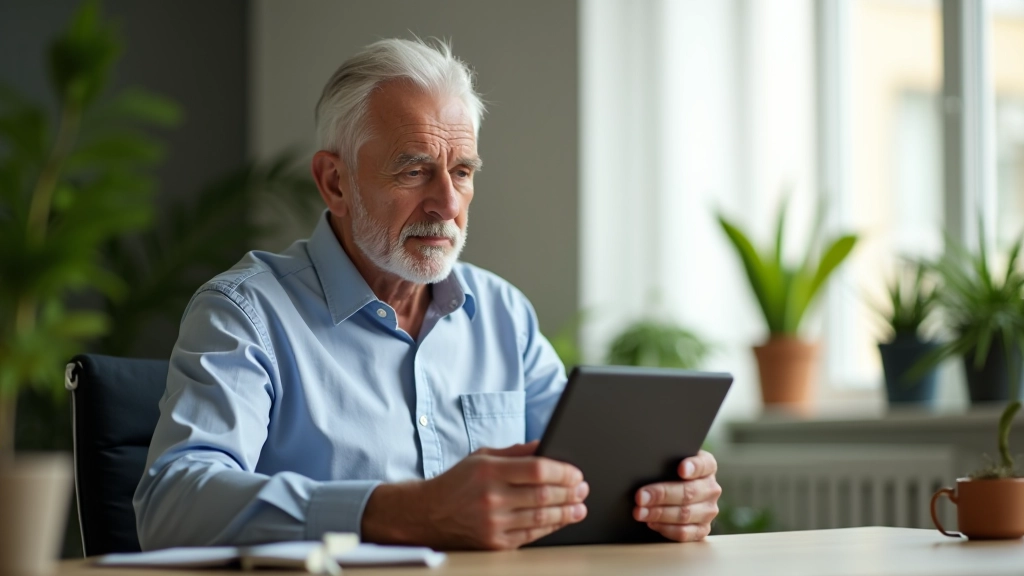 Older man sitting at desk with tablet in hands, looking at screen with focused expression, home office setting with plants and natural light