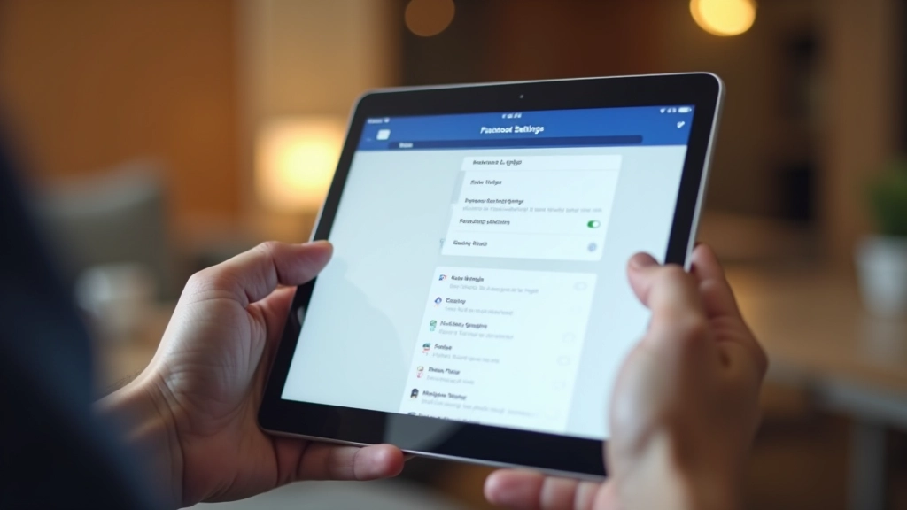 Tablet showing Facebook privacy settings menu with toggles and options for profile visibility, friend requests, and messaging preferences displayed clearly