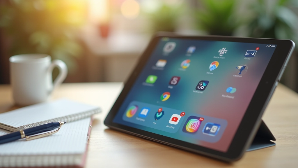 Tablet displaying social media interface on wooden table with stylus and notebook beside it, afternoon sunlight streaming through window