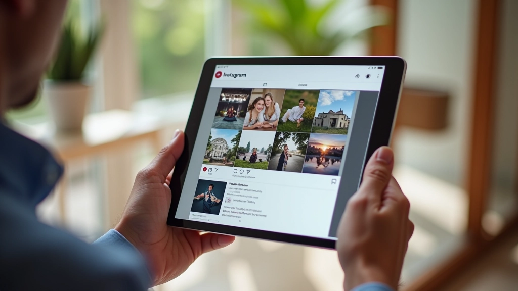 Tablet displaying social media feed with various posts and engagement metrics
