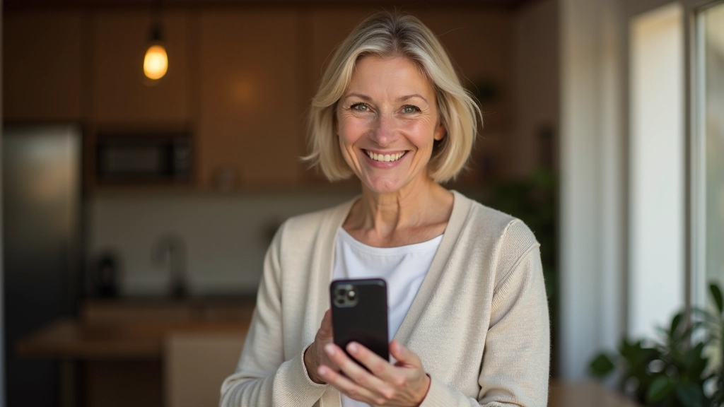 Woman aged 50s holding smartphone with Instagram app open, warm indoor lighting, friendly expression