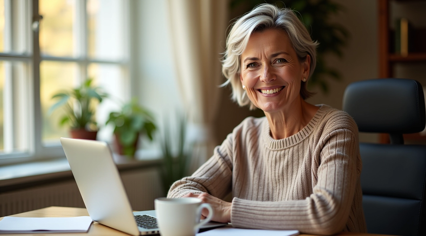 Older woman smiling at camera while sitting at desk with laptop and cup of tea, bright natural light from window
