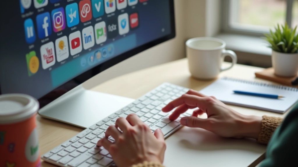 Hands typing on keyboard with social media icons displayed on screen, workspace with coffee and notebook